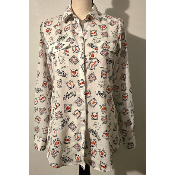 Karl Lagerfeld Paris ICONS Button Up Blouse Long Sleeve ROLL TAB Whimsical SZ XS - Picture 1 of 8